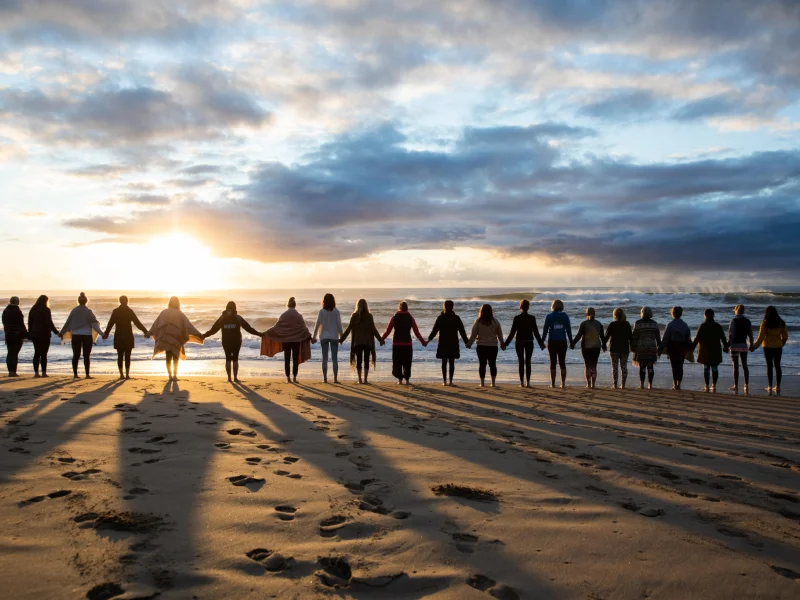 yogafusion yoga retreat group standing on the beach