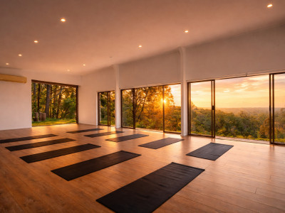 yogafusion yoga retreat practice room at sunrise